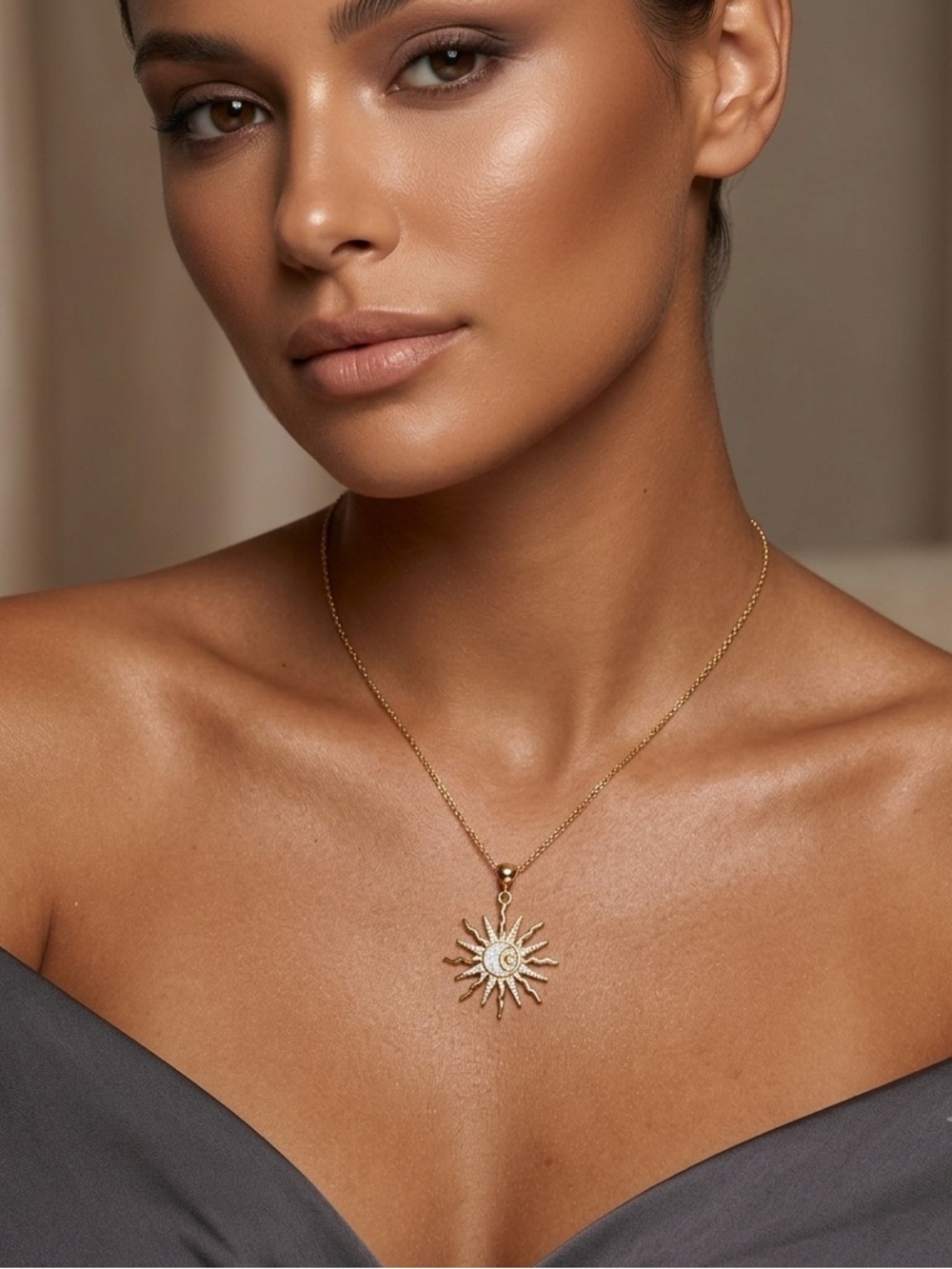 14K Gold Plated Celestial Sunburst Pendant Necklace